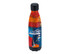 A drink bottle with an abstract design in blue, orange, and red, featuring a logo on the front.