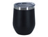 A black double wall travel mug with a clear lid and a stainless steel band.