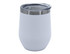 A travel mug in matte white with a clear lid and stainless steel rim, featuring a logo.