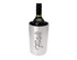 A drink bottle chiller in silver featuring a sleek design and a logo on the front.