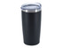 A travel mug featuring a sleek black design with a clear lid and stainless steel accent.