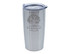 A double wall travel mug in stainless steel with a clear lid and a logo design.