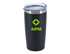 A travel mug with a double wall design in black and a transparent lid, featuring a logo.