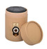 A cylindrical kraft paper tube with a black lid, featuring a logo on the front, open to reveal the interior.