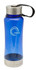 A drink bottle in blue with a silver base and lid, featuring a logo. Ideal for hydration on the go.