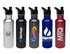 A drink bottle collection featuring stainless steel in silver, black, blue, red, and a custom logo on each.