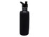 A drink bottle in black stainless steel with a black neoprene sleeve and a drinking spout, featuring a logo.