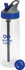 A drink bottle in clear plastic with a grey and blue lid, features a straw and a blue mixing ball. It has a logo.