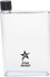 A drink bottle in a clear rectangular design with a black lid and a logo on the front.