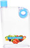 A drink bottle in clear plastic with a blue lid and a blue grip feature, featuring fruit graphic design.