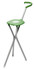 A green folding chair with a handle and silver legs, featuring a simple design and a logo.