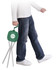 A green folding chair being carried by a person in jeans and white shoes, featuring a logo on the backrest.