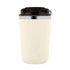 A double wall coffee cup in cream with a black lid and a silver accent. Features a logo on the side.