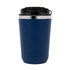 A double wall coffee cup in dark blue with a black lid and a silver band around the top. It features a logo.