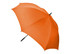 An orange auto golf umbrella with a black handle and a simple design, featuring a logo.