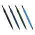 A set of four auto golf umbrellas in black, navy, green, and blue, featuring curved handles and a branded logo.