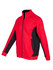 A red and black men's jacket with a zip front and side pockets, featuring a logo on the sleeve.