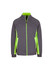 A grey jacket with bright green accents and a zip front. Features side pockets and a standing collar.