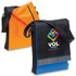 A black and orange satchel with a shoulder strap, featuring pockets and a logo.
