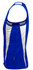 A blue and white singlet with a fitted design and a logo on the side.
