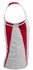 A men's singlet in white with red stripes, featuring a logo on the back.