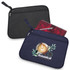 A navy and black satchel with a zip, featuring a logo and a pocket holding a notepad and pen.