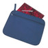 A navy blue satchel featuring a zippered pocket, with a spiral notebook and pen on top. Equipped with a carry handle.