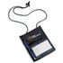 A black neck wallet with a pen and a clear pocket for a badge, featuring a logo on the front.
