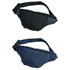 A black and blue platform waist bag featuring a zippered compartment and adjustable strap, with a logo on the front.