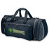 A black duffle bag with a green and gold logo, featuring multiple compartments and sturdy handles.