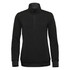 A black women's pullover featuring a 1/4 zip and a high collar. It has a textured fabric and a brand logo.