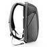 A grey backpack with a sleek design, featuring padded straps and a side pocket, includes branding.