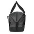 A black duffle bag with a zip closure and two adjustable shoulder straps, featuring a logo.
