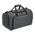 A grey duffle bag with black accents, featuring a handle and zippers, and has a branding logo.