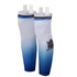 Ice hockey socks in white and blue gradient, featuring a logo on the front and straps at the top.