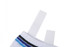 A pair of ice hockey socks in white with blue and black stripes, featuring two white tabs on the top.