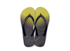 A pair of flip-flops with a yellow and navy blue design, featuring abstract patterns and stripes.