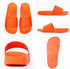 Bright orange slippers featuring a single strap design, shown from various angles, including the sole and back view.