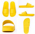 Yellow slippers displaying a sleek design, featuring two wide straps, a back heel, and a textured sole.