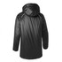 A black coat jacket with a hood, featuring a sleek, shiny finish and reflective detailing on the back.
