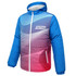 A puffer long coat in blue and pink with a wave pattern and a hood, featuring a logo on the front.