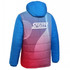 A puffer long coat in blue with a gradient design transitioning to red, featuring a logo on the back.