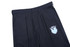 Black suit pants featuring a logo on the front, with a pleated design and a tailored fit.