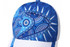 A blue and white sublimated sport cap featuring a decorative geometric pattern and a logo on the side.