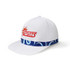 A white cap with a blue patterned band and a logo on the front. Suitable for sports and outdoor activities.
