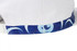 A white cap featuring a blue patterned band around the base, with an intricate design and a logo.