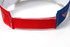 A multicoloured sublimation visor featuring red and blue fabric sections and an adjustable strap at the back.