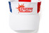 A white visor with a colourful printed band featuring a logo.