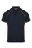 A navy polo shirt with orange accents and a collar. It features a logo on the upper side.
