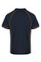 A navy polo shirt with contrasting orange detailing and a logo on the back.